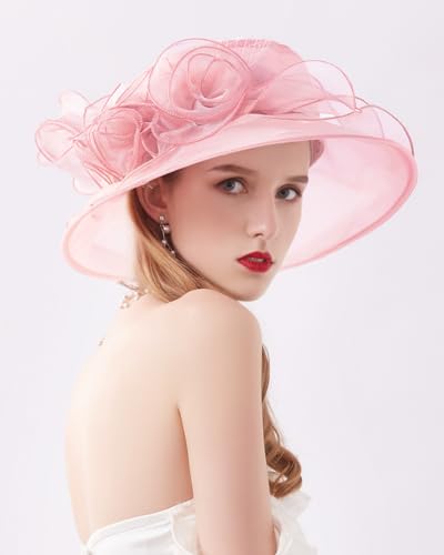 Women Derby Fascinator Hat Organza Church Wedding Hats Wide Brim Cocktail Tea Party Hat - color: 12 Elegant Pink