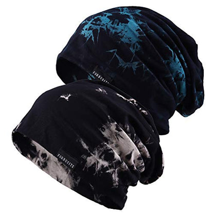 Mens Slouchy Beanie Hat Thin Baggy Summer Skull Cap - color: Black/Blue