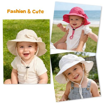 Baby Girl Sun Hat with UPF 50+ Outdoor Adjustable Beach Hat with Wide Brim Bucket Hats - color: Beige-stripe & Black Dots -2pcs, size: 0-6 Months