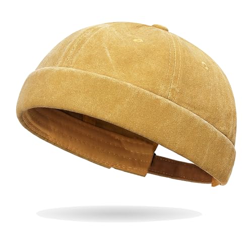 Sailor Brimless Skull Hat, Washed Cotton Docker Hat for Men Vintage - color: Yellow