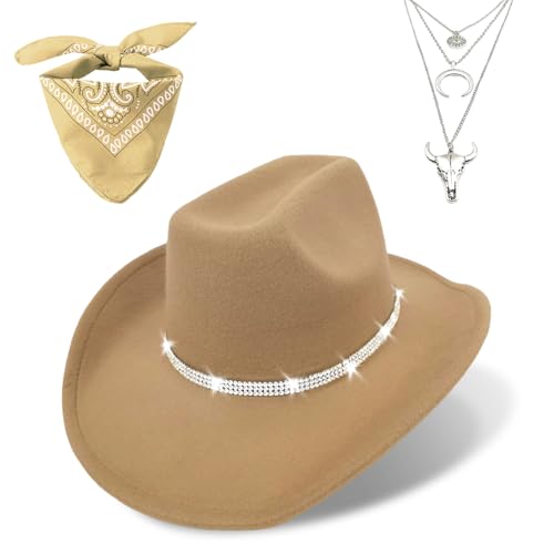 Western Black Cowboy Hats for Women Men, Fedora Wide Brim Rhinestone Cowgirl Hat with Bandana and Evil Eye Bull Head Necklace - color: Camel