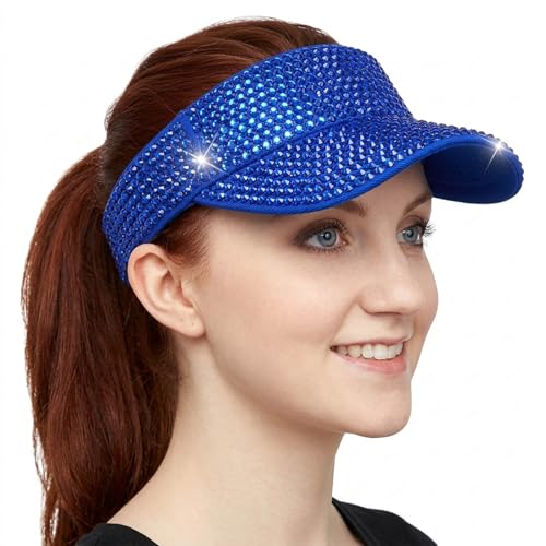 Women Shiny Rhinestone Bling Sun Visor Adjustable Tennis Beach Ponytail Hat - color: Blue