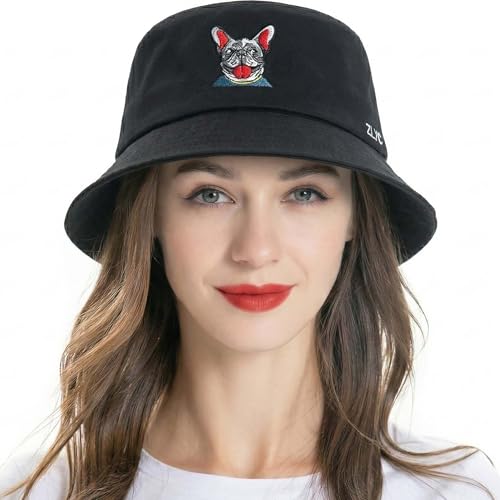ZLYC Cotton Bucket Hat for Women Men Embroidered Packable Summer Sun Cap - color: Bulldog Black
