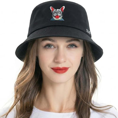 ZLYC Cotton Bucket Hat for Women Men Embroidered Packable Summer Sun Cap - color: Bulldog Black