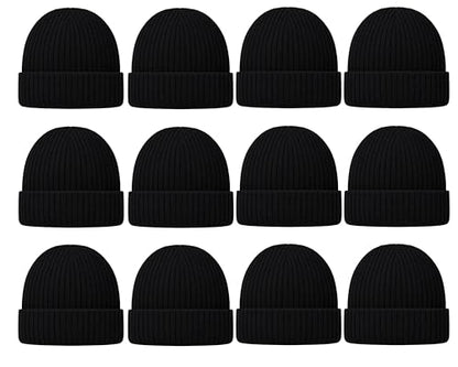 12 Pack Winter Beanie Hats for Men Women, Warm Cozy Knitted Cuffed Skull Cap, Wholesale - color: Black Ribbed