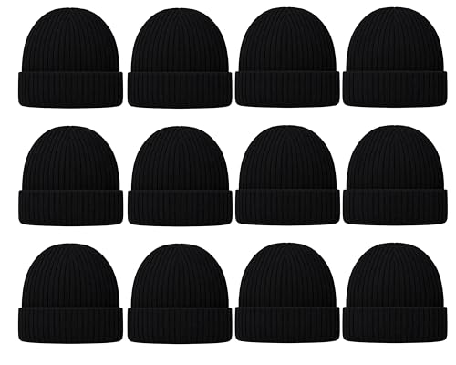 12 Pack Winter Beanie Hats for Men Women, Warm Cozy Knitted Cuffed Skull Cap, Wholesale - color: Black Ribbed