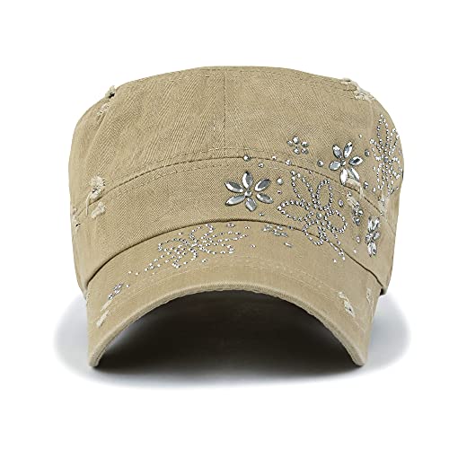 ililily Rhinestone Cotton Cadet Cap Vintage Distressed Cotton Military Army Hat - color: Beige Flower
