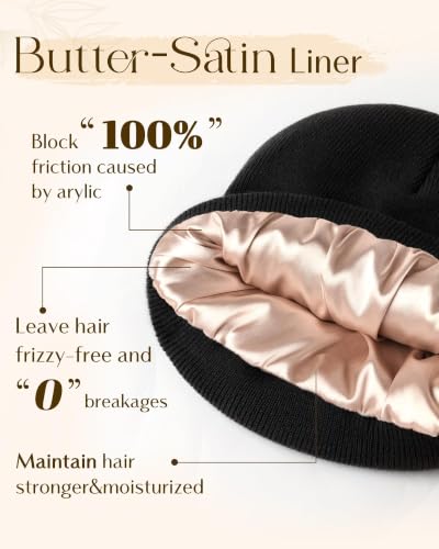YANIBEST Satin Lined Beanie for Women, Reduce Frizz Winter Hats - color: Aa-black