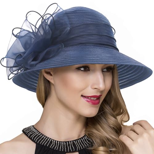 Ruphedy Women Derby Church Dress Bucket Hat Fascinators Tea Party Wedding Hat - color: S051-navy