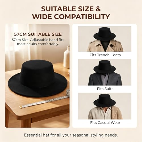 Black Flat Top Fedora Hat, Wool Blend Derby Cap Classic Formal Hat for Events & Daily Wear - color: Black