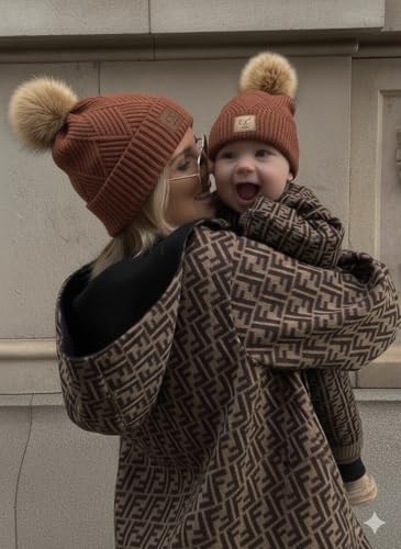 Funky Junque Mommy & Me Pom Pom Beanies Set – Infant Baby & Mom Matching Winter Outfits, Warm Newborn & Women's Beanie Hats - color: Diagonal Basketweave - Brick