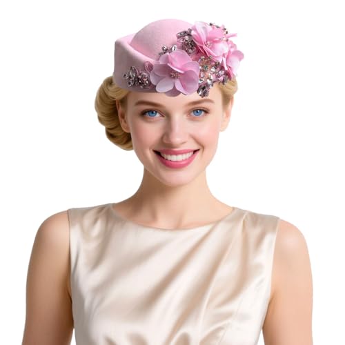 Women's Retro British Felt Headscarf Hat Church Derby Headdress with Floral Women's Soft Beret - color: Pink