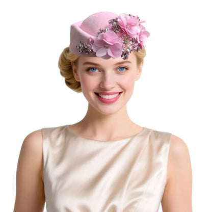 Women's Retro British Felt Headscarf Hat Church Derby Headdress with Floral Women's Soft Beret - color: Pink