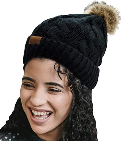 Novarena Thick Cable Knit Faux Fuzzy Fur Pom Fleece Lined Skull Cap Cuff Beanie - color: Black Pom Beanie