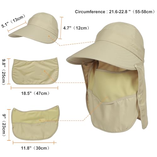 LA CARRIE Women Sun Hats Detachable Wide Brim UV UPF 50+ Face Mask Visor with Neck Flap Hat for Summer Beach - color: Khaki