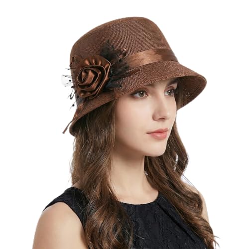 1920s Style Wide Brim Church Hat for Women with Floral Decor - color: Brown-1