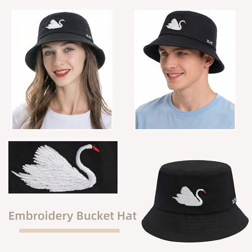 ZLYC Cotton Bucket Hat for Women Men Embroidered Packable Summer Sun Cap - color: Swan Black