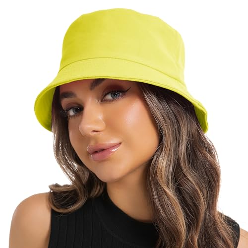 Wheebo Solid Color Bucket Hat for Women Summer Beach Fishmen Hat for Lady Adult Unisex Cotton Cap…… - color: A-sc-yellow