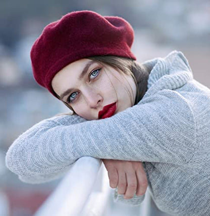 Women French Wool Beret Hats - Solid Color Classic Beanie Winter Cap - color: Wine Red