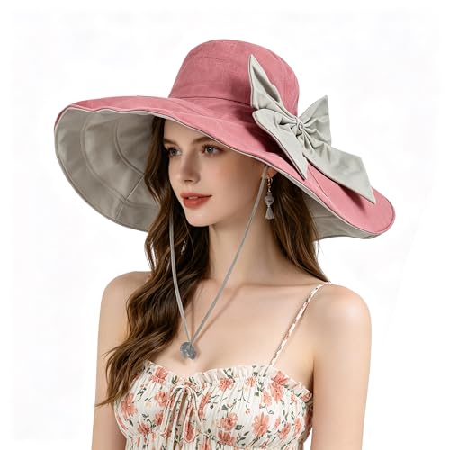 Women's Foldable Floppy Sun Hats Reversible Vacation Beach Cap Summer Wide Brim UPF 50+ Travel Fishing Bucket Hat - color: Pink, Cotton Linen