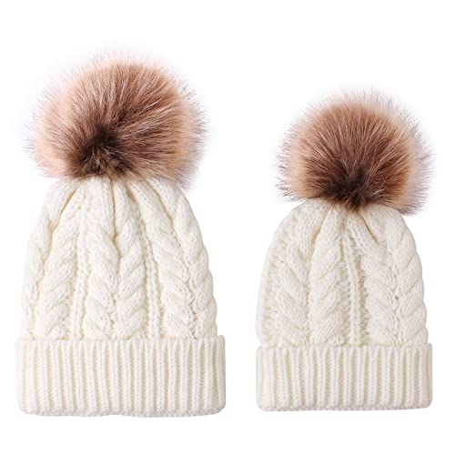 2PCS Parent-Child Knit Hat Family Matching Winter Warmer Hat Mother & Baby Crochet Beanie Ski Cap with Pom - color: White