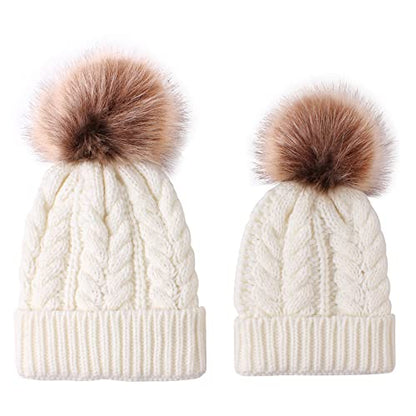 2PCS Parent-Child Knit Hat Family Matching Winter Warmer Hat Mother & Baby Crochet Beanie Ski Cap with Pom - color: White