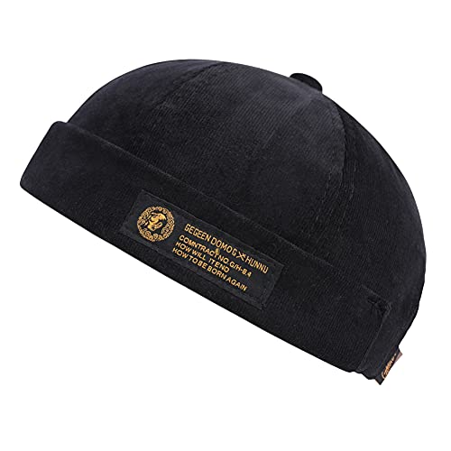 Men Hats Docker Cap Hats Beanie Sailor Cap Worker Hat Rolled Cuff Retro Brimless Hat with Adjustable - color: 7019-black