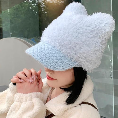 Cat Ears Fleece Lined Brimmed Beanie Hats Winter Golf Cap Brim Bill Visor Women - color: Blue