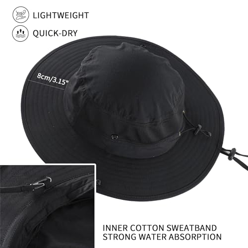 Home Prefer UPF50+ Mens Sun Hat Wide Brim Womens UV Protection Beach Bucket Hat for Fishing Hiking Snap Up Cowboy Hat - color: Black