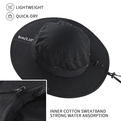 Home Prefer UPF50+ Mens Sun Hat Wide Brim Womens UV Protection Beach Bucket Hat for Fishing Hiking Snap Up Cowboy Hat - color: Black