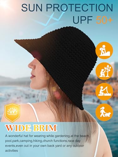 sy soul young Women's Straw Sunhat Wide Brim Hand Woven Beach Bucket Hat - color: Black
