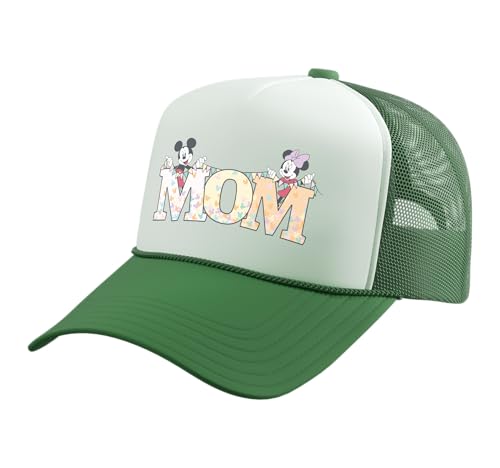 Disney Mom Mickey & Minnie Pastel Letters Family Disney Trip Trucker Hat with Adjustable Mesh Back - color: Kelly Green/White