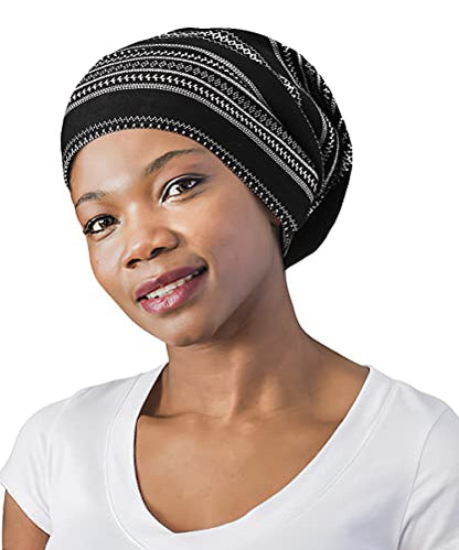 Adjustable Satin Lined Sleep Cap for Dreadlocks Curly Hair Large Head-Stay On Overnight - color: Black White