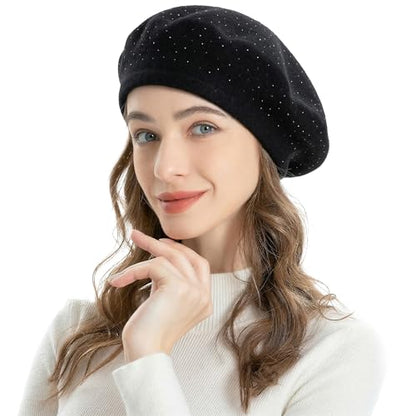 ZLYC Women French Beret Hat Reversible Solid Color Mosaic Warm Artist Cap - color: Black
