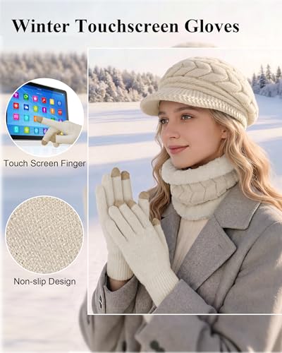 Loritta 3 in 1 Womens Winter Hat Gloves Scarf Set, Warm Hat Mittens - color: Beige