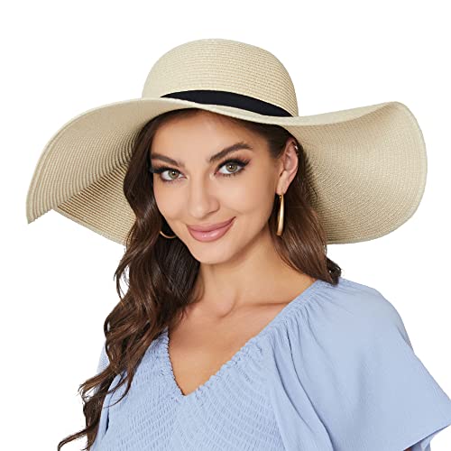 Women Wide Brim Sun Hat UPF50 Straw Summer Hat Floppy Beach Hat Roll-Up - color: Tie Beige