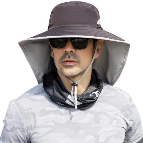 HUAMULAN Women Men Wide Brim Sun Hat Hiking Fishing Hats with Neck Flap - color: Hyp011-darkgray