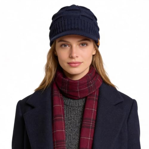 Ruphedy Mens Beanie with Brim Winter Hat Knitted Thick Fleece Visor Beanie - color: B322-navy