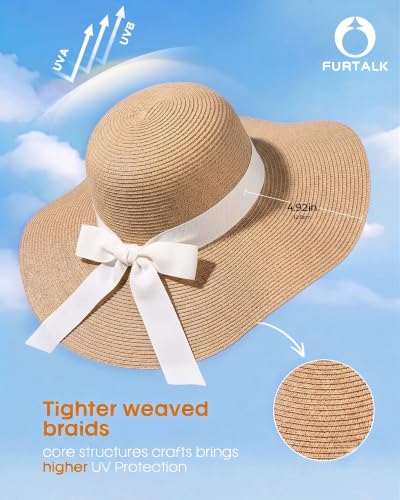 FURTALK Womens Sun Straw Hat Wide Brim Floppy Summer Beach Hats for Women - color: Khaki With Beige Band, size: Medium-Large