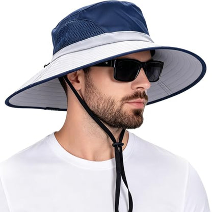 Wide Brim Sun Bucket Hat, Waterproof Boonie Hat for Men & Women - color: 02 Light Grey+navy Blue
