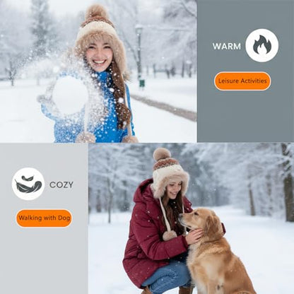 Women Winter Sherpa Beanie Hats Knit Ear Flap Hat Fleece Lined - color: Patterned Beige