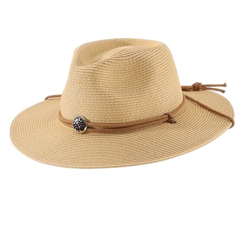 Home Prefer UPF50+ Men's Wide Brim Straw Fedora Sun Hat with Badge Lanyard - color: Natural