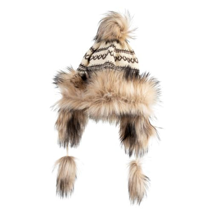Cross Stitch Knit Fleece Lined Faux Fur Trapper Beanie Hat with String - color: Beige