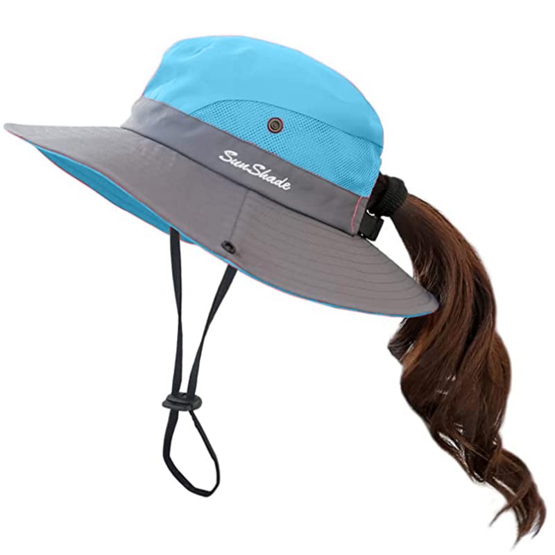Women's Outdoor-UV-Protection-Foldable-Sun-Hats-Wide-Brim Hat Ponytail-Hole - color: Blue