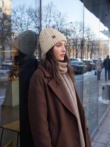 Winter Hats for Women Cable Knit Chunky Skull Cap Fleece Lined Thick Fold Cuff Beanie hat - color: Neutral Grey, style: Cross Jacquard