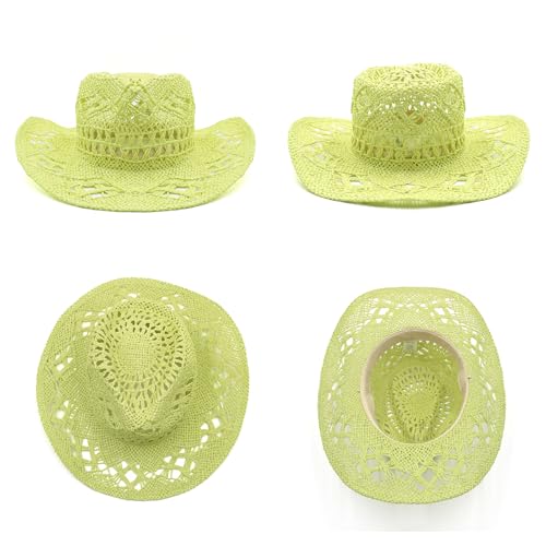 Lifup Straw Cowboy Sun Hats for Women, Western Cowgirl Hats - color: Yellow Green