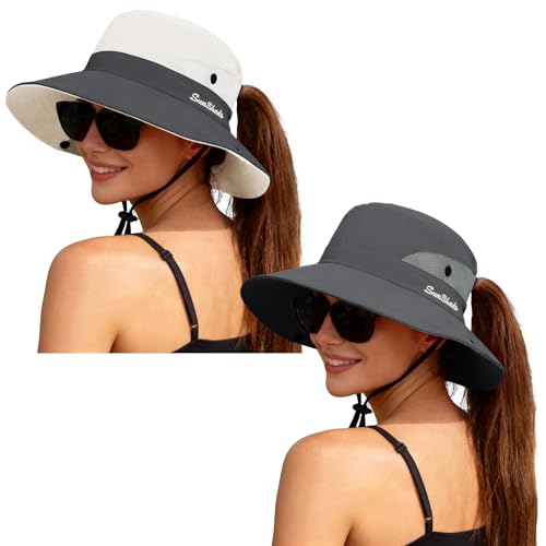 ZOORON Women's Ponytail Safari Sun Hat,Wide Brim UV Protection Bucket Hat - color: 2-darkgrey+beige