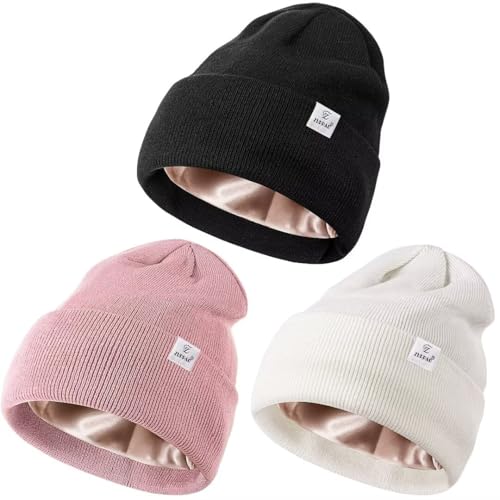 3 Pack Satin Lined Winter Beanie Hats for Women Men,Silk Lined Womens Beanies Knit Soft Warm Cuffed Hat - color: Black+white+pink