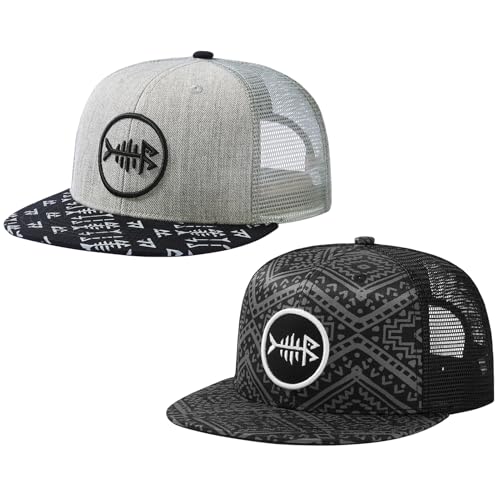 BASSDASH 2 Pack Flat Brim Trucker Cap Adjustable Snapback Hat Mesh Back for Men Women Fishing Hunting - color: Heather Grey and Black & Black Geometry