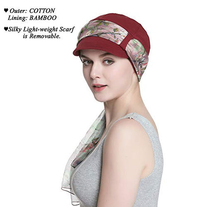 Alnorm Breathable Cotton Hat and Scarf Set Chemo Headwear for Women - color: Burgundy Plum Blossom